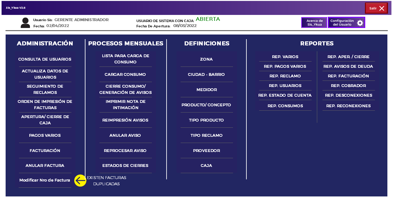 Menú principal del sistema SIS_YKUA